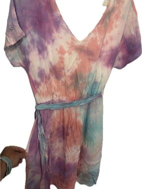 Tie-Dye V-Neck mini Dress in Pastel Coral, Lavender & Aqua